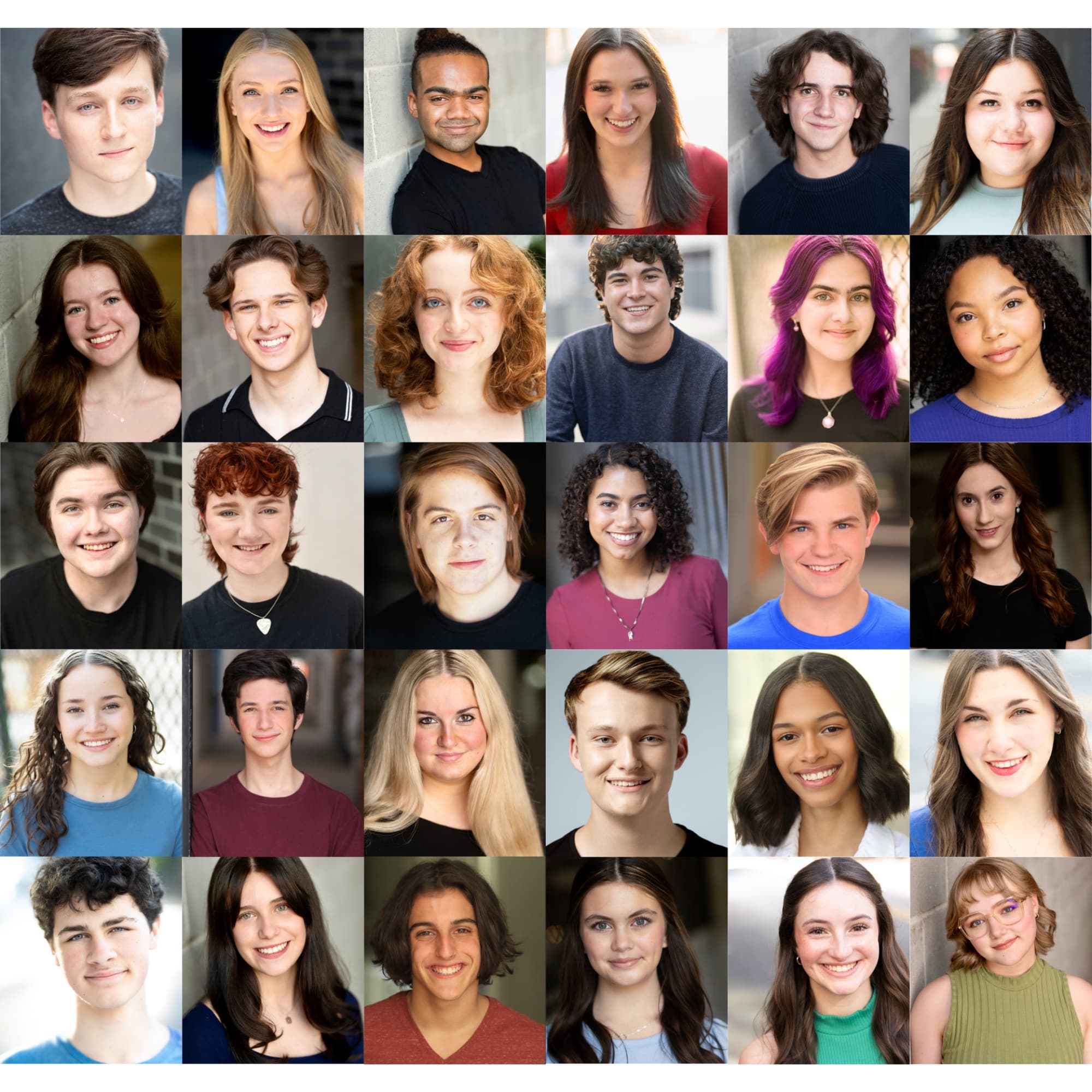 Grid of 30 headshots of young performers, diverse in appearance, smiling at camera